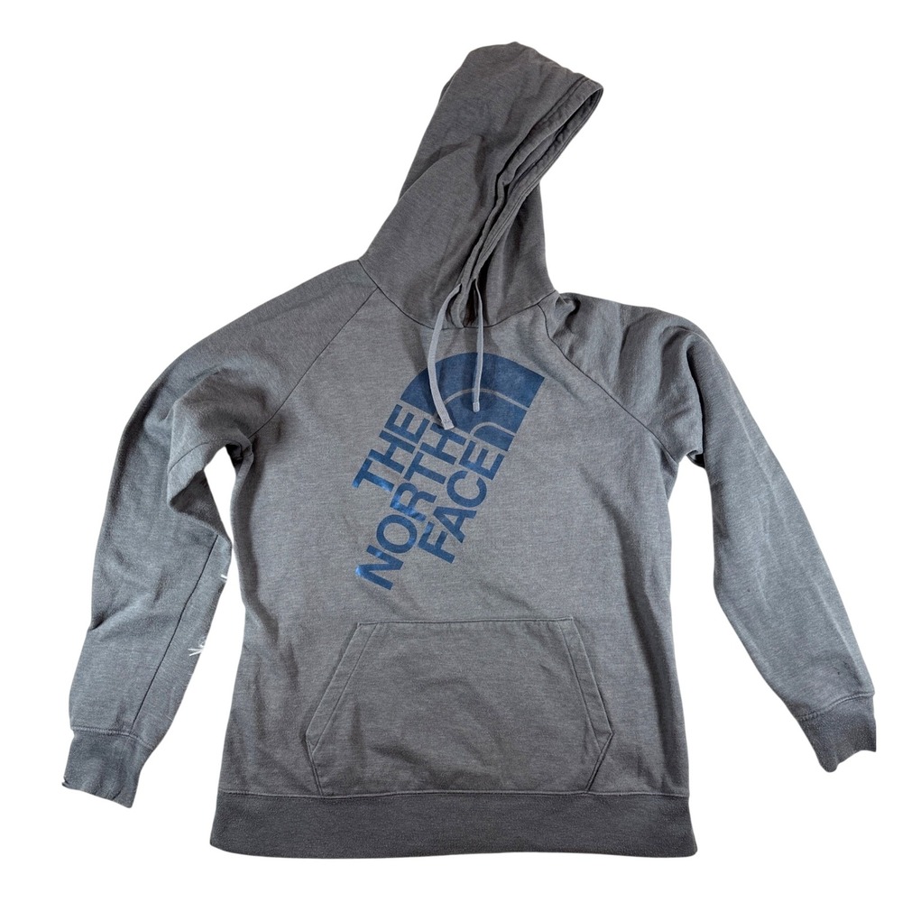 The North Face Womens Gray Blue Logo Pullover Hoodie Sweatshirt Size Large L